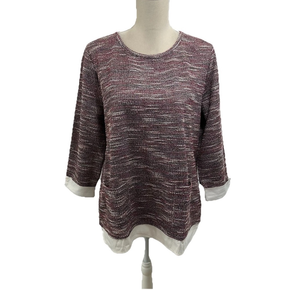 Talbots Tweed Long Sleeve Top Womens Large Pink Tunic Pullover Layered Crewneck